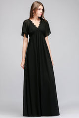 Affordable Chiffon Black V-Neck Bridesmaid Dresses with Short-Sleeves