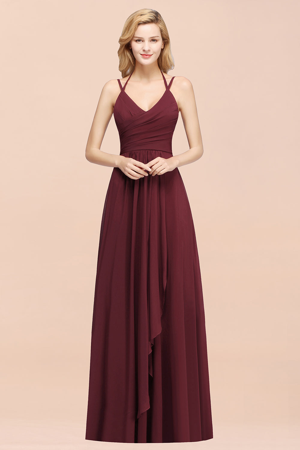 Affordable Chiffon Burgundy Bridesmaid Dress With Spaghetti Straps