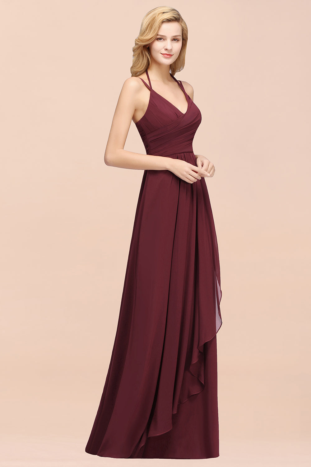 Affordable Chiffon Burgundy Bridesmaid Dress With Spaghetti Straps