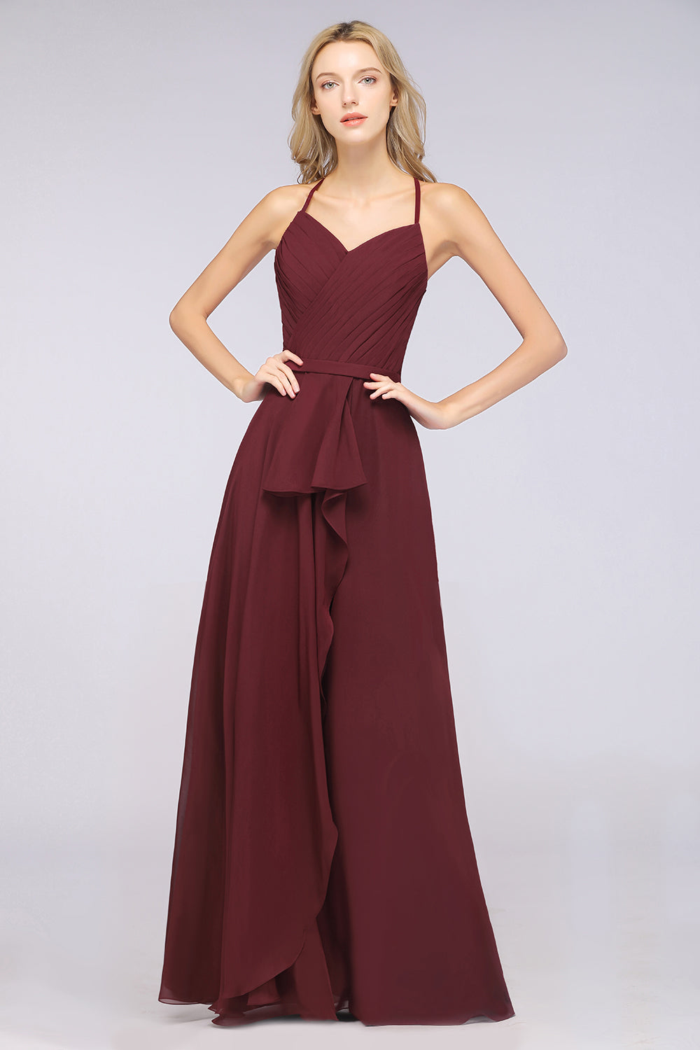 Affordable Chiffon Halter V-Neck Ruffle Burgundy Bridesmaid Dresses