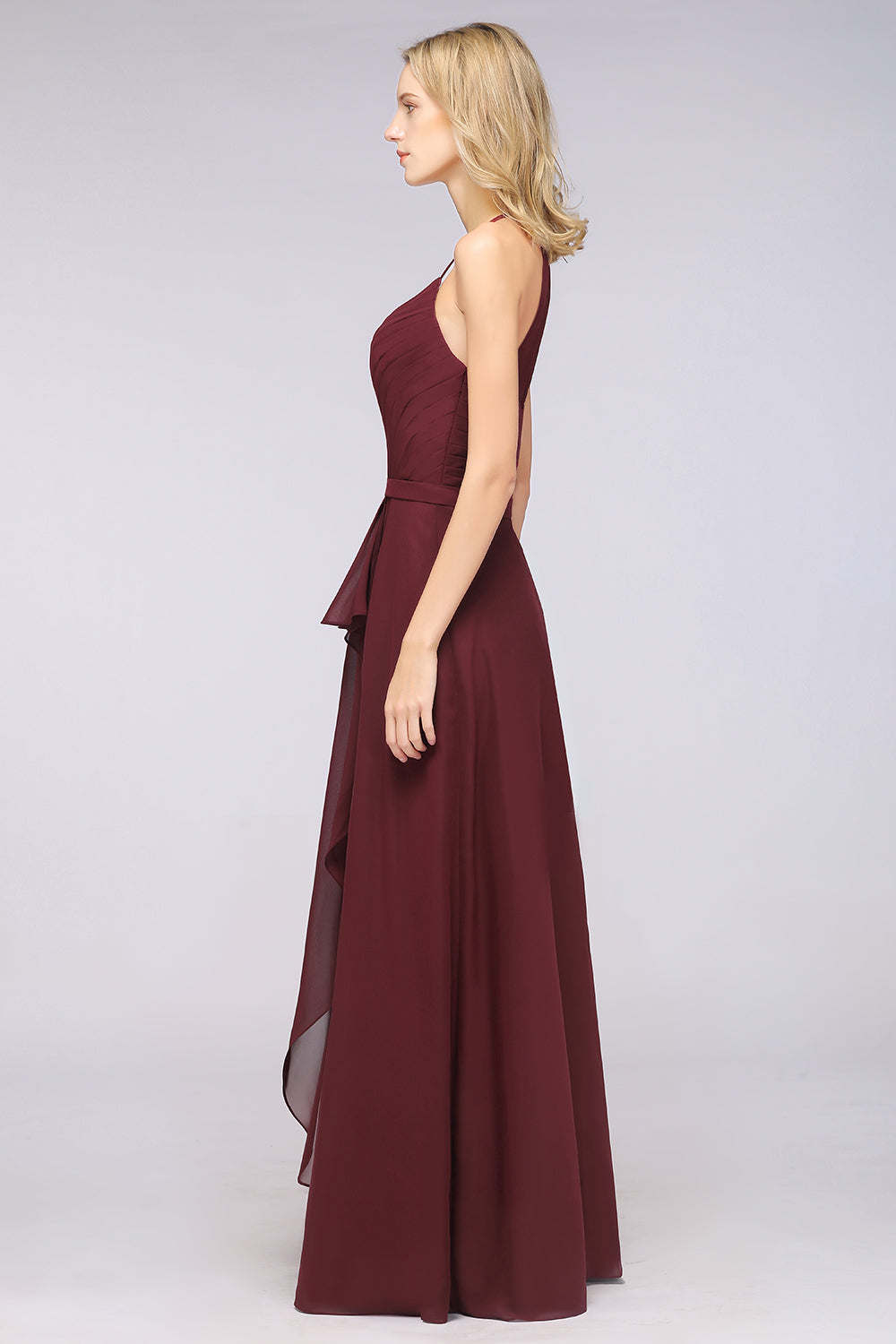 Affordable Chiffon Halter V-Neck Ruffle Burgundy Bridesmaid Dresses