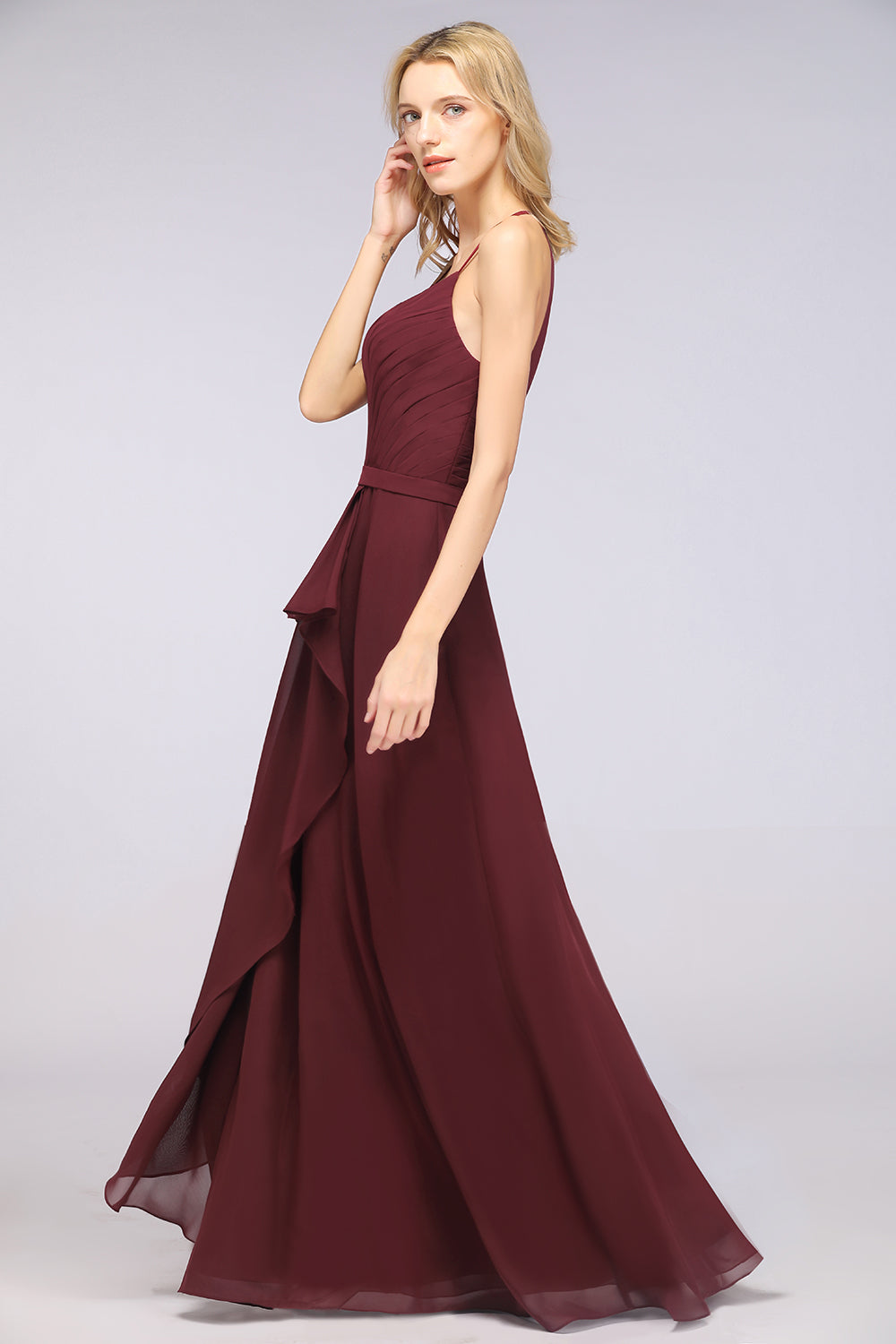 Affordable Chiffon Halter V-Neck Ruffle Burgundy Bridesmaid Dresses