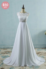 Affordable Chiffon Jewel Lace Ruffles Wedding Dress Sleeveless Appliques Bridal Gowns with Beading Sash