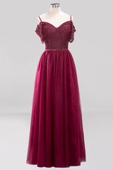 Affordable Chiffon Off-the-Shoulder Burgundy Lace Bridesmaid Dresses