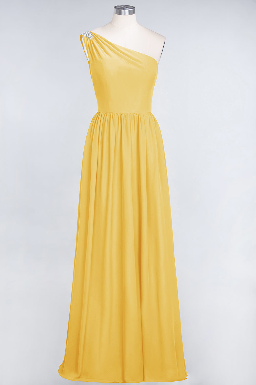 Affordable Chiffon One-Shoulder Ruffle Bridesmaid Dress with Beadings