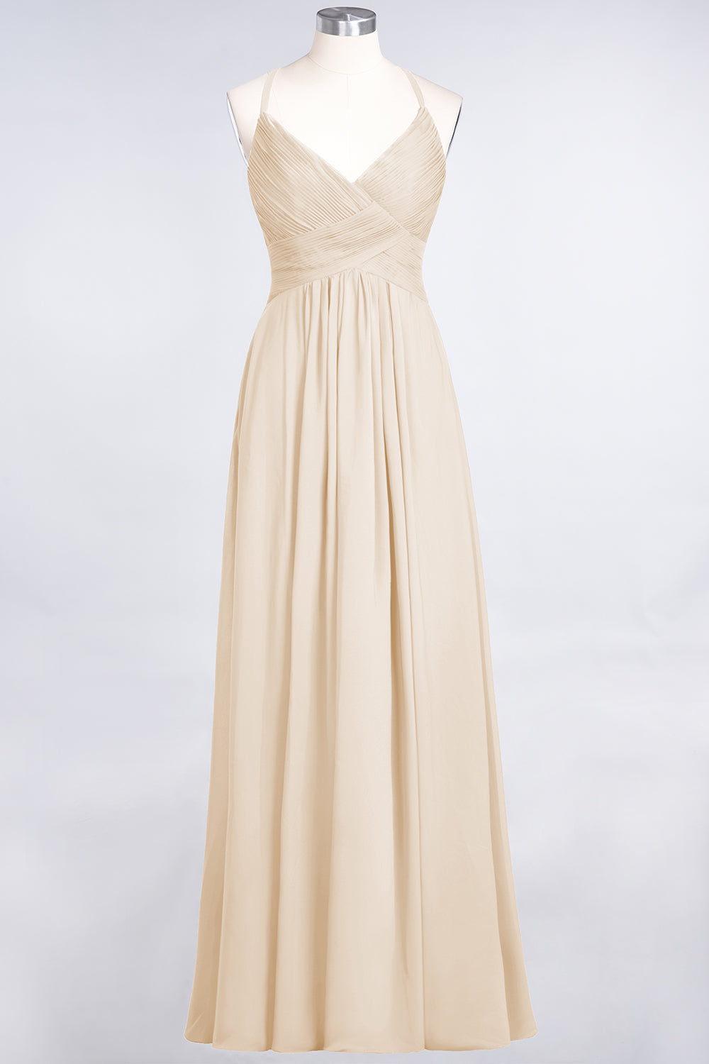 Affordable Chiffon Ruffle V-Neck Bridesmaid Dress with Spaghetti Straps