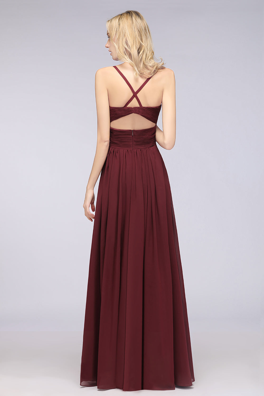 Affordable Chiffon Ruffle V-Neck Bridesmaid Dress with Spaghetti Straps