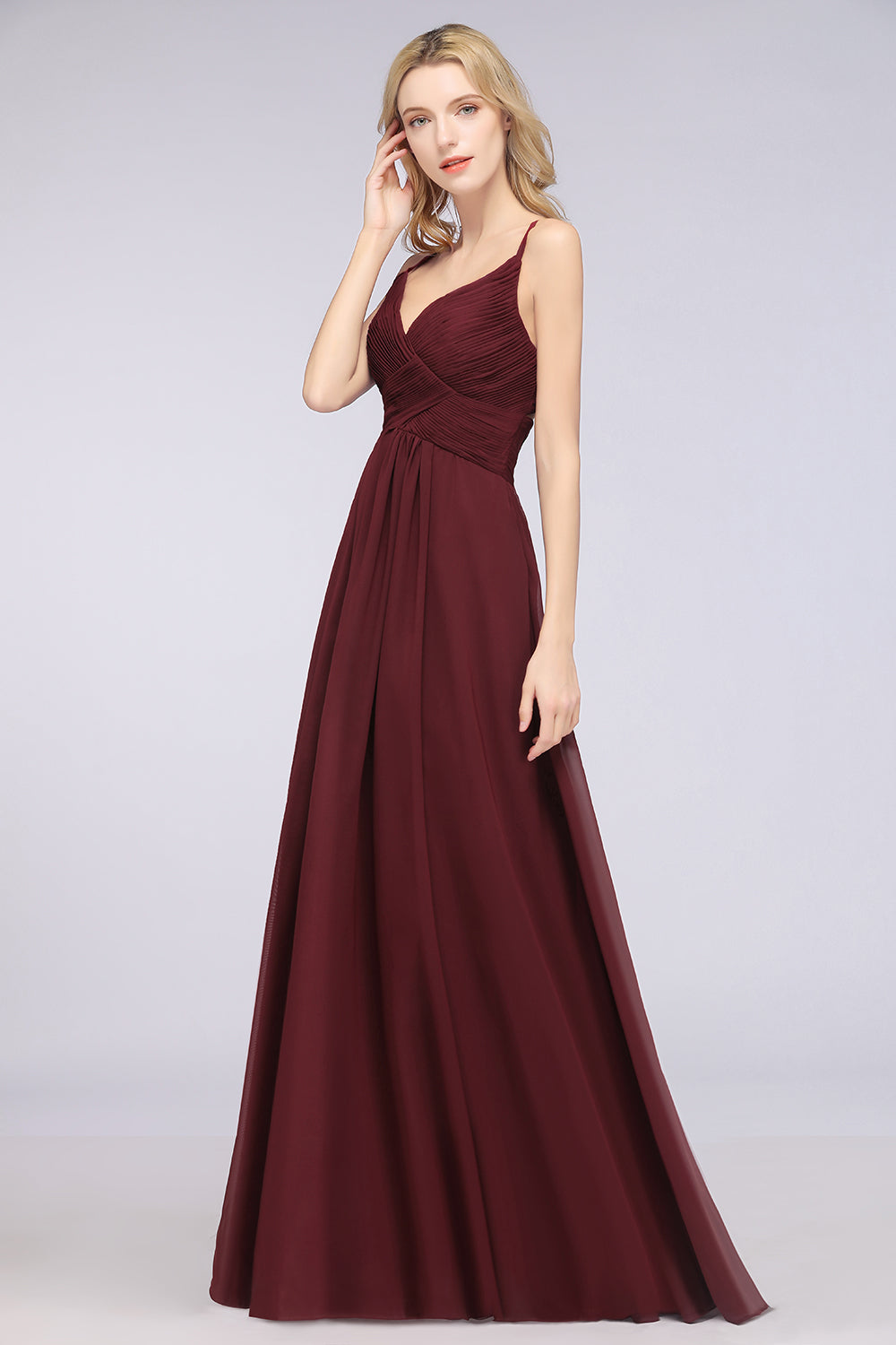 Affordable Chiffon Ruffle V-Neck Bridesmaid Dress with Spaghetti Straps