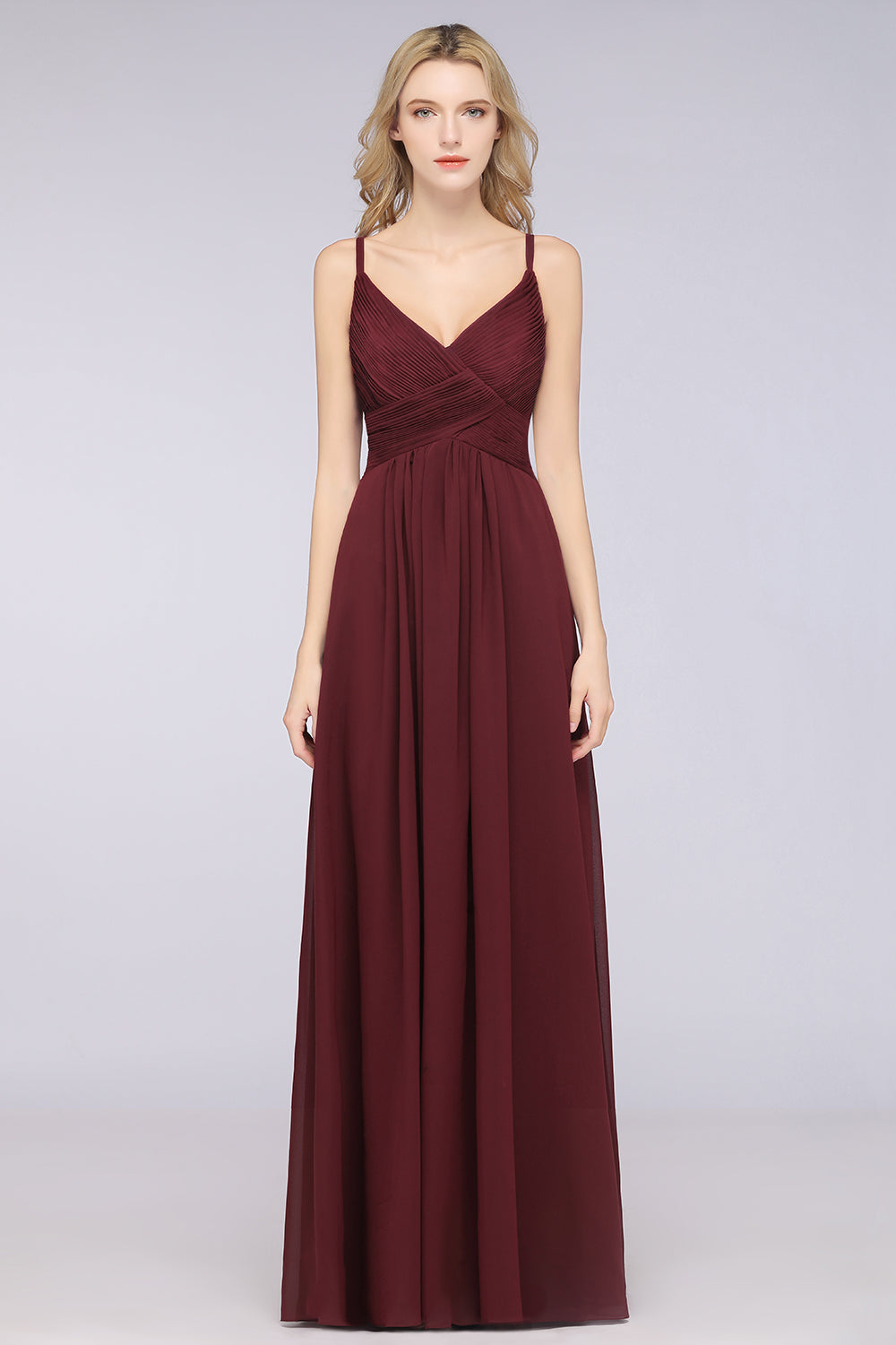 Affordable Chiffon Ruffle V-Neck Bridesmaid Dress with Spaghetti Straps