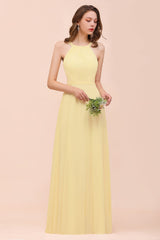 Affordable Daffodil Chiffon Sleeveless Long Bridesmaid Dress with Ruffle