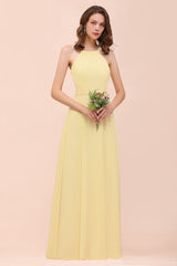 Affordable Daffodil Chiffon Sleeveless Long Bridesmaid Dress with Ruffle