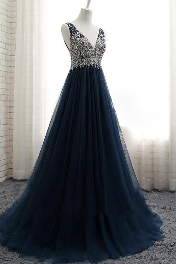 Affordable Dark Navy Tulle V-Neck Prom Dresses Ruffle Appliques beadings Party Dresses On Sale