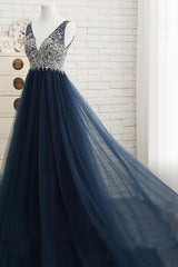 Affordable Dark Navy Tulle V-Neck Prom Dresses Ruffle Appliques beadings Party Dresses On Sale