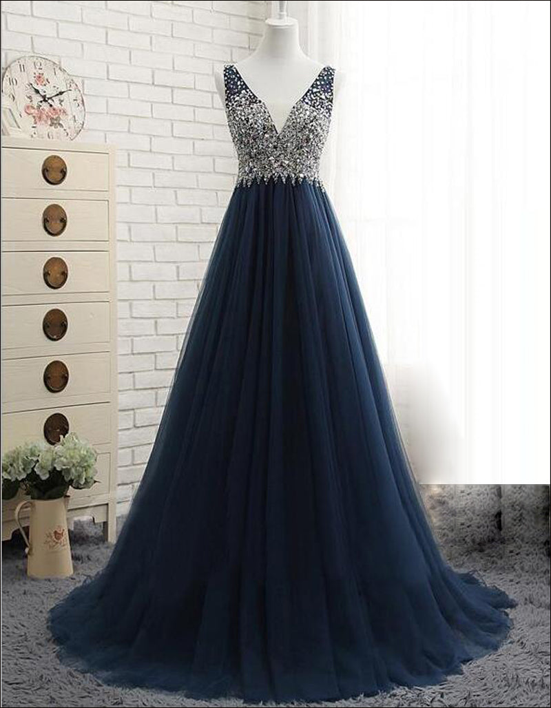 Affordable Dark Navy Tulle V-Neck Prom Dresses Ruffle Appliques beadings Party Dresses On Sale