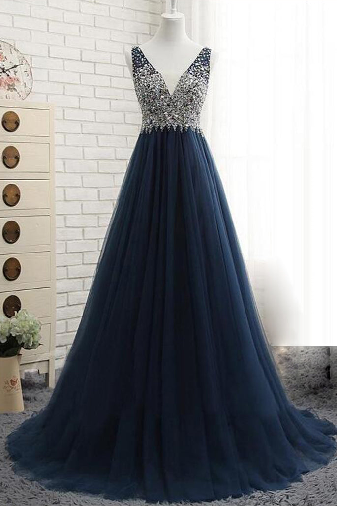 Affordable Dark Navy Tulle V-Neck Prom Dresses Ruffle Appliques beadings Party Dresses On Sale