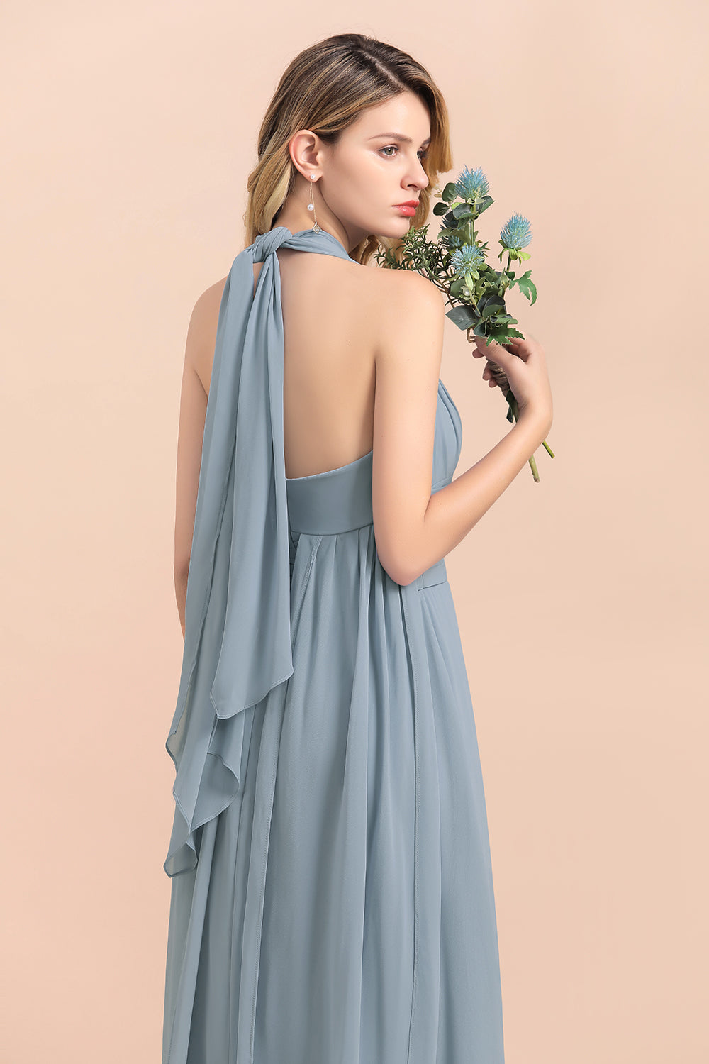 Affordable Dusty Blue Ruffle Convertible Bridemsiad Dress