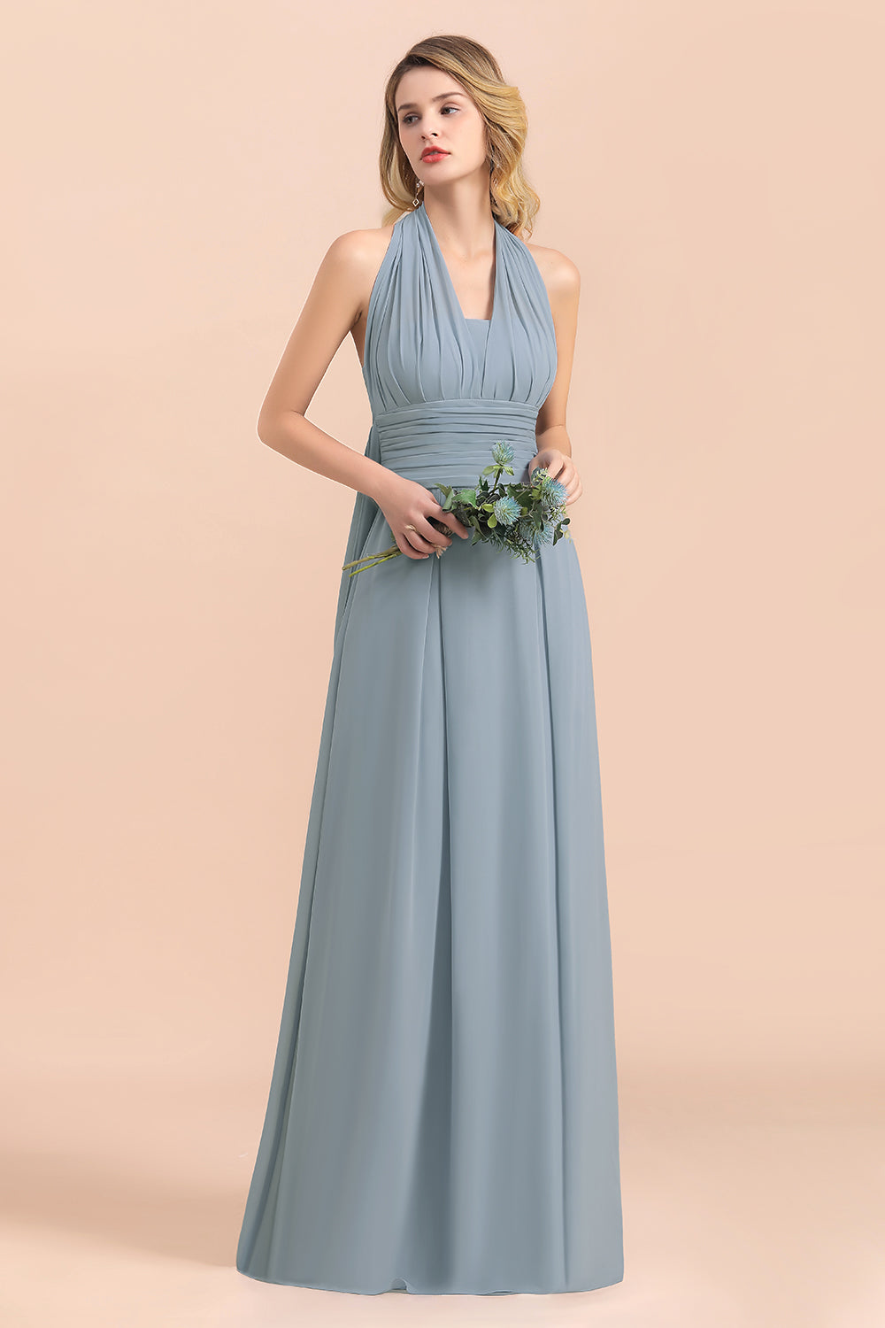 Affordable Dusty Blue Ruffle Convertible Bridemsiad Dress