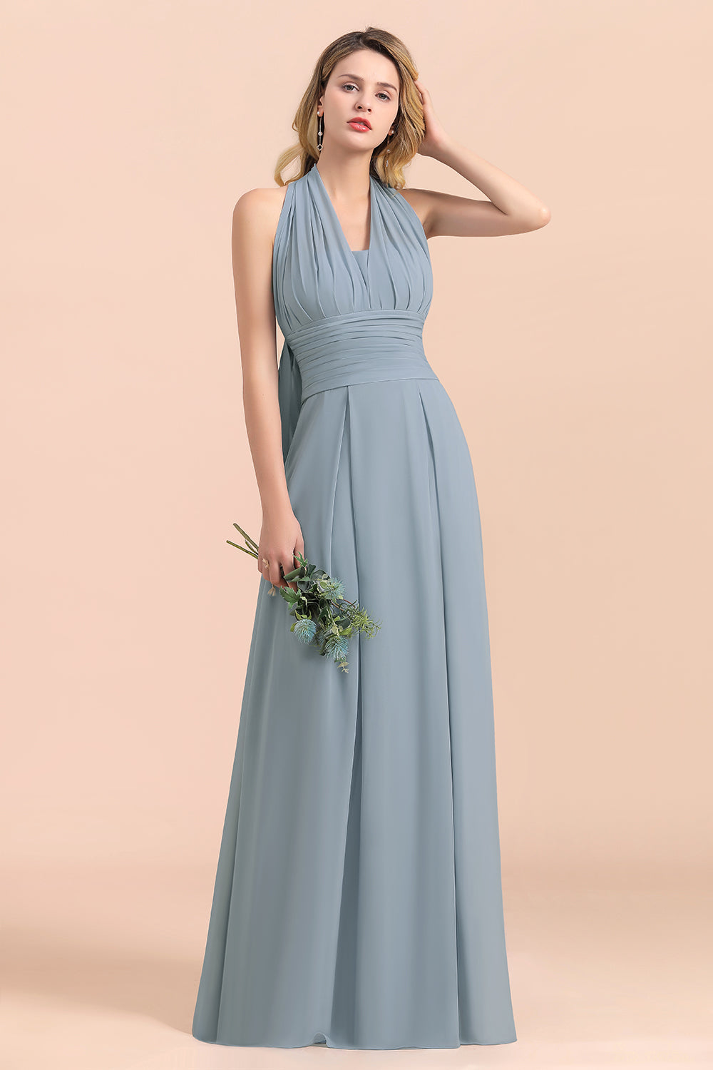 Affordable Dusty Blue Ruffle Convertible Bridemsiad Dress