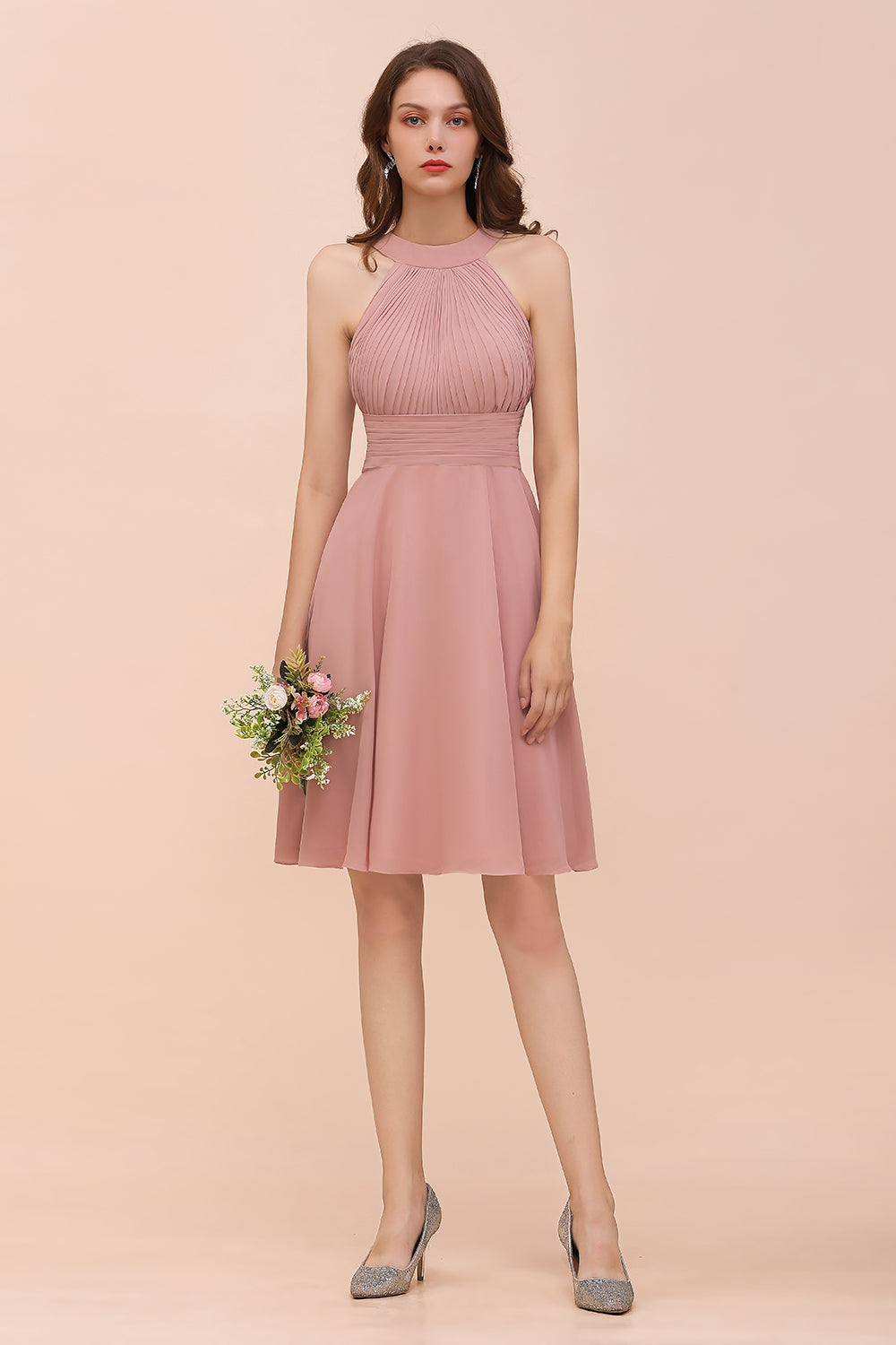 Affordable Dusty Pink Round Neck Ruffle Short Bridesmaid Dresses Online