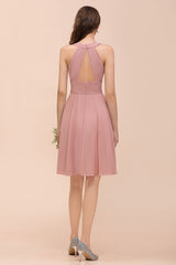 Affordable Dusty Pink Round Neck Ruffle Short Bridesmaid Dresses Online