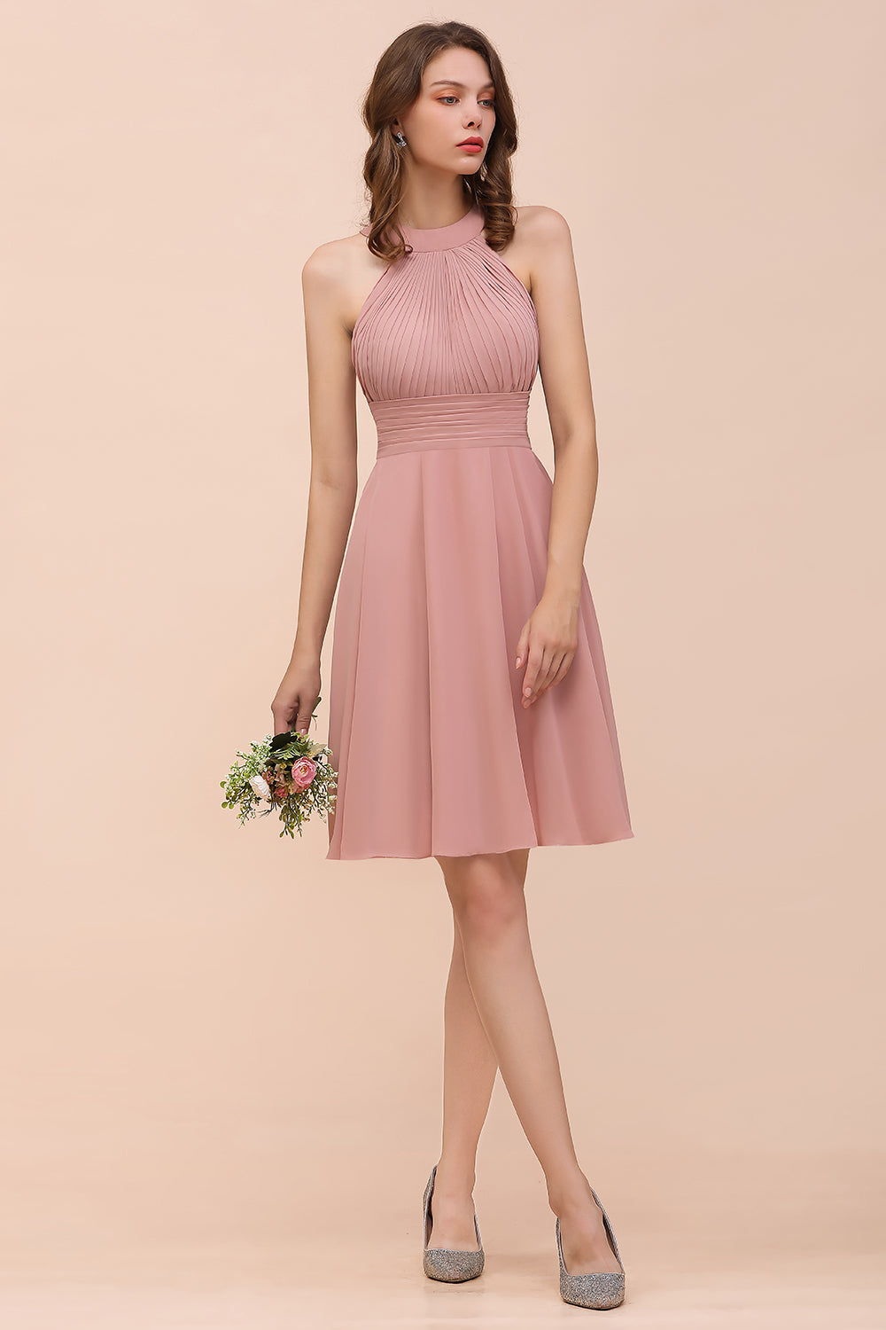 Affordable Dusty Pink Round Neck Ruffle Short Bridesmaid Dresses Online