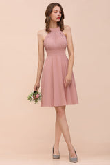 Affordable Dusty Pink Round Neck Ruffle Short Bridesmaid Dresses Online