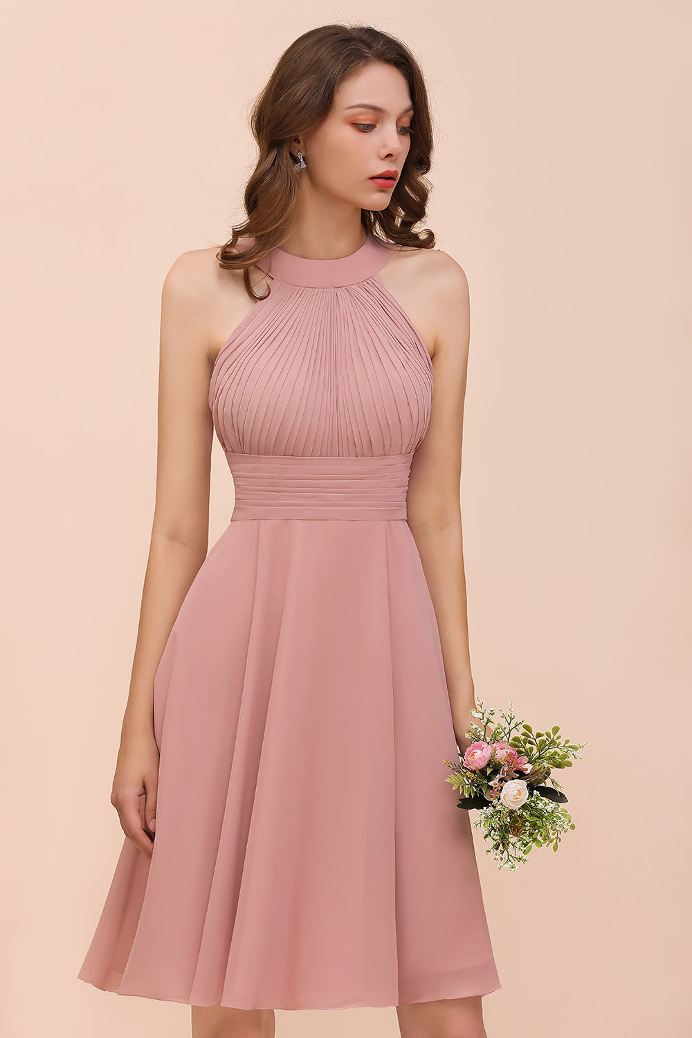 Affordable Dusty Pink Round Neck Ruffle Short Bridesmaid Dresses Online