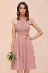 Affordable Dusty Pink Round Neck Ruffle Short Bridesmaid Dresses Online