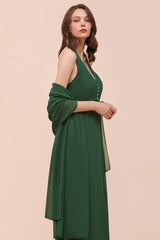 Affordable Halter Beading Ruffle Dark Green Bridesmaid Dress With Shawl