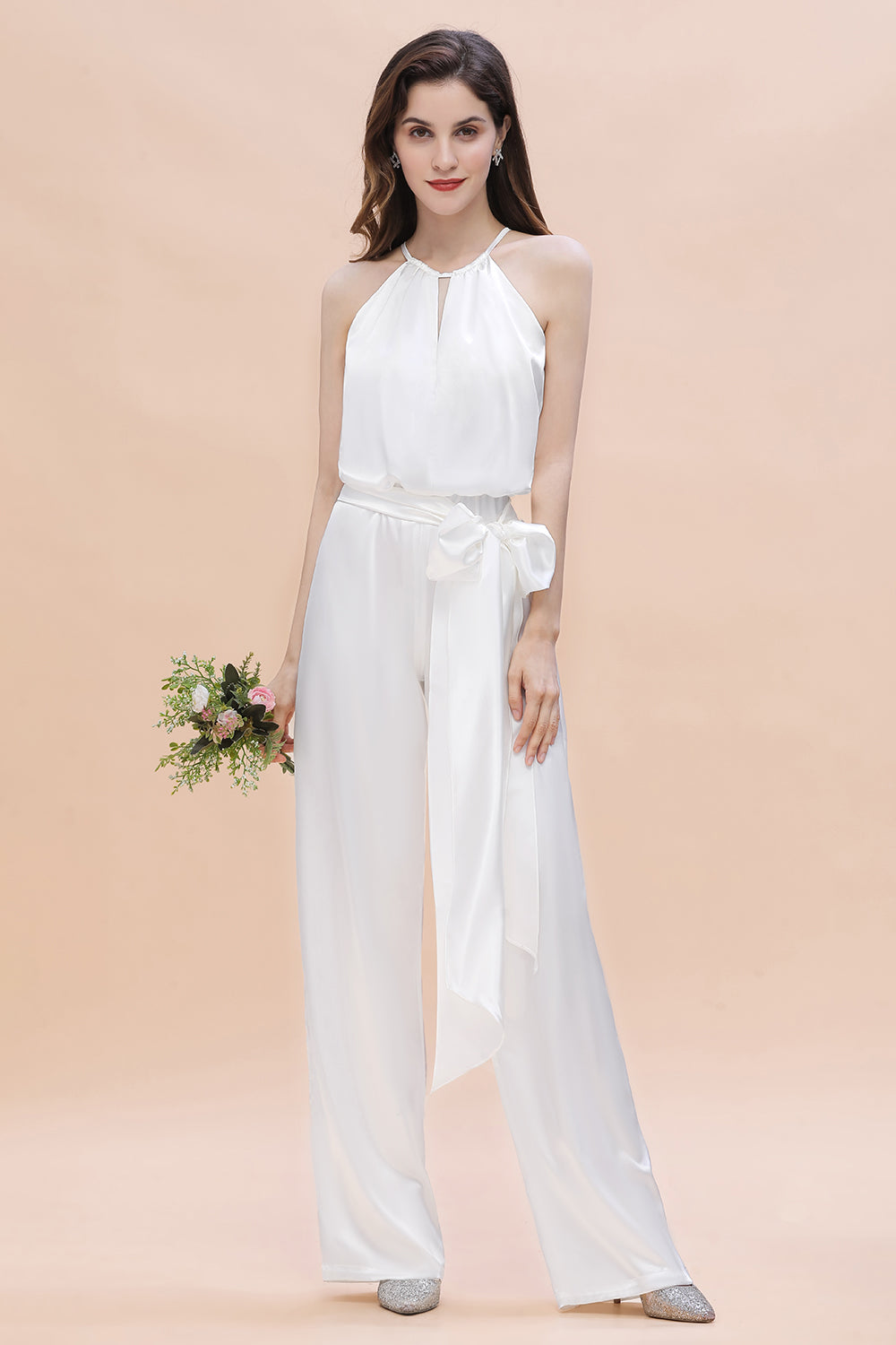 Affordable Halter Sleeveless Ivory Charmeuse Bridesmaid Jumpsuit Online