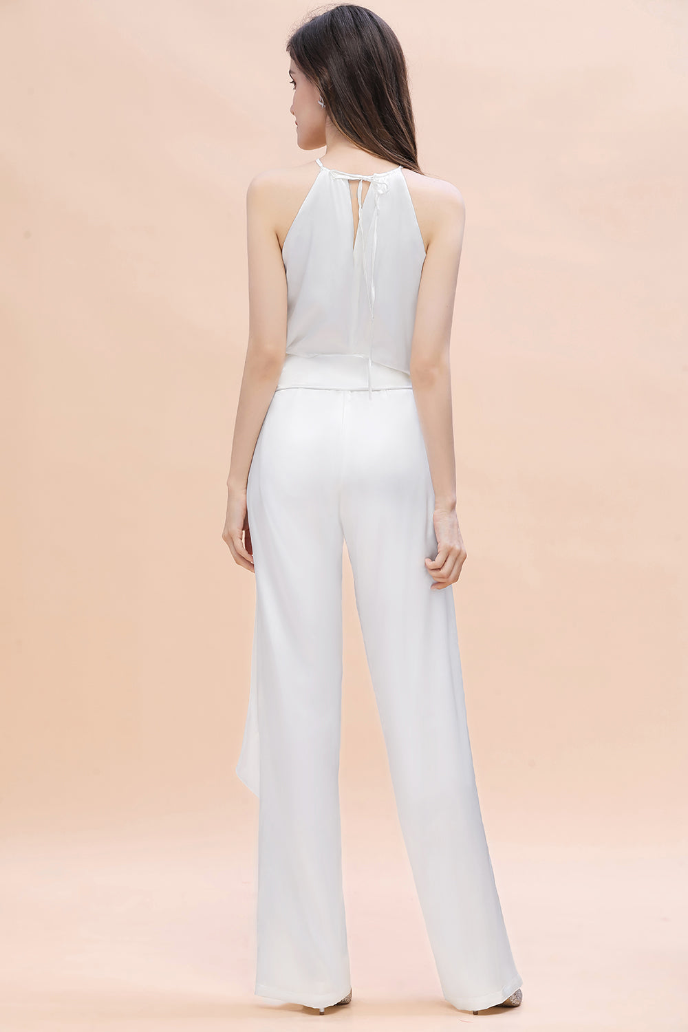 Affordable Halter Sleeveless Ivory Charmeuse Bridesmaid Jumpsuit Online