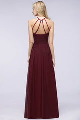 Affordable Halter Sleeveless Long Burgundy Bridesmaid Dress with Ruffle