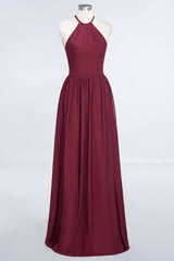 Affordable Halter Sleeveless Long Burgundy Bridesmaid Dress with Ruffle