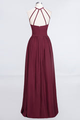 Affordable Halter Sleeveless Long Burgundy Bridesmaid Dress with Ruffle