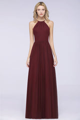 Affordable Halter Sleeveless Long Burgundy Bridesmaid Dress with Ruffle