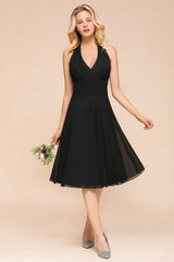 Affordable Halter V-Neck Black Short Bridesmaid Dresses Online