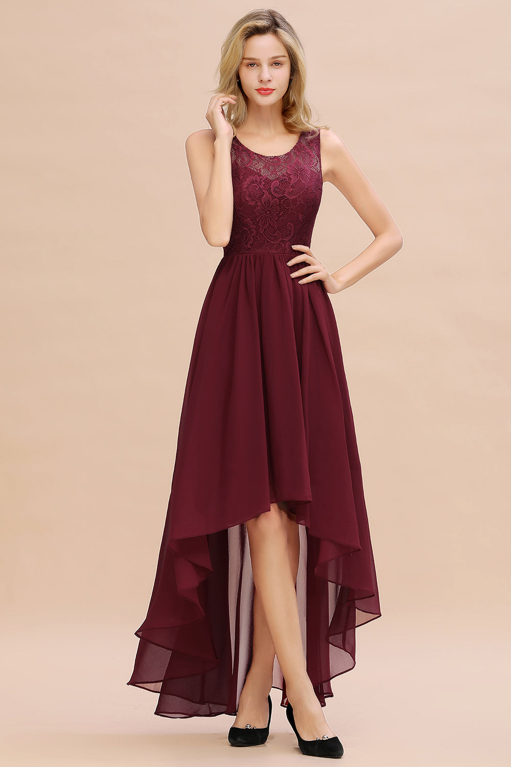 Affordable Hi-Lo Lace Sleeveless Burgundy Chiffon Bridesmaid Dress Online