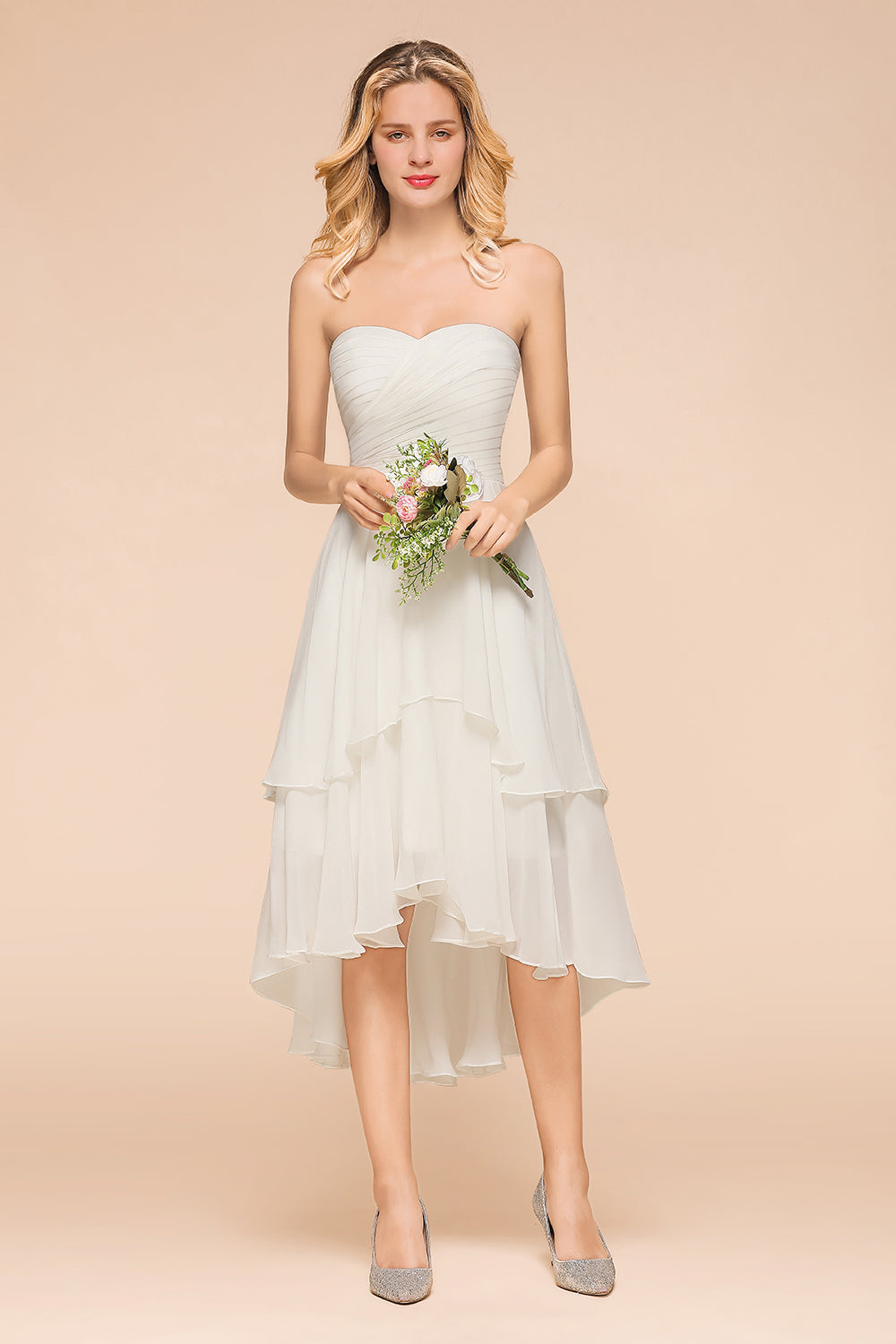 Affordable Hi-Lo Layer Ruffle Ivory Short Bridesmaid Dress with Flower