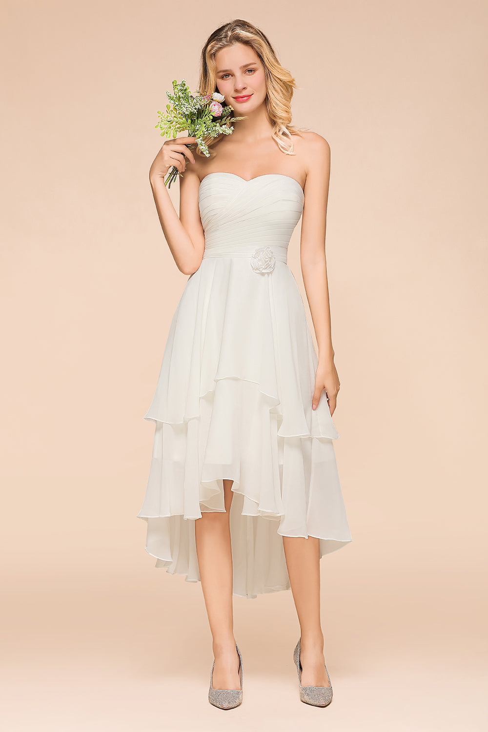 Affordable Hi-Lo Layer Ruffle Ivory Short Bridesmaid Dress with Flower