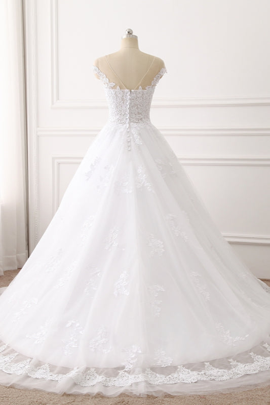 Affordable Jewel Tulle Lace White Wedding Dress Sleeveless Appliques Bridal Gowns Online