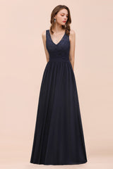 Affordable Lace V-Neck Navy Bridesmaid Dress with Open Back