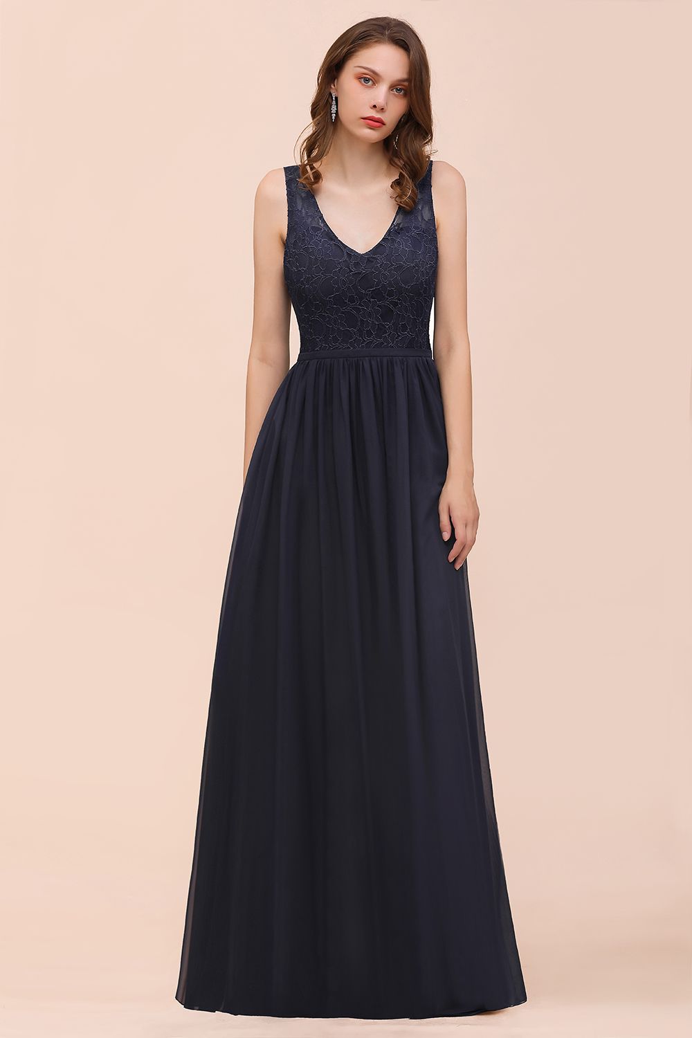 Affordable Lace V-Neck Navy Bridesmaid Dress with Open Back