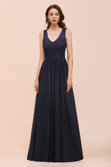 Affordable Lace V-Neck Navy Bridesmaid Dress with Open Back