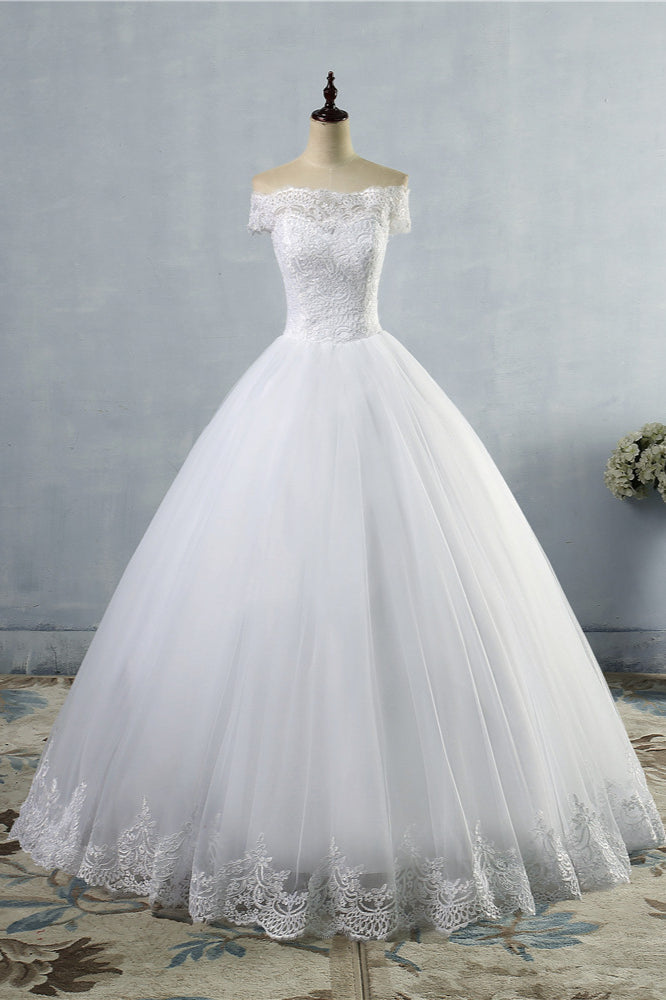 Affordable Off-the-Shoulder Lace Tulle Wedding Dress Short Sleeves White Bridal Gowns On Sale