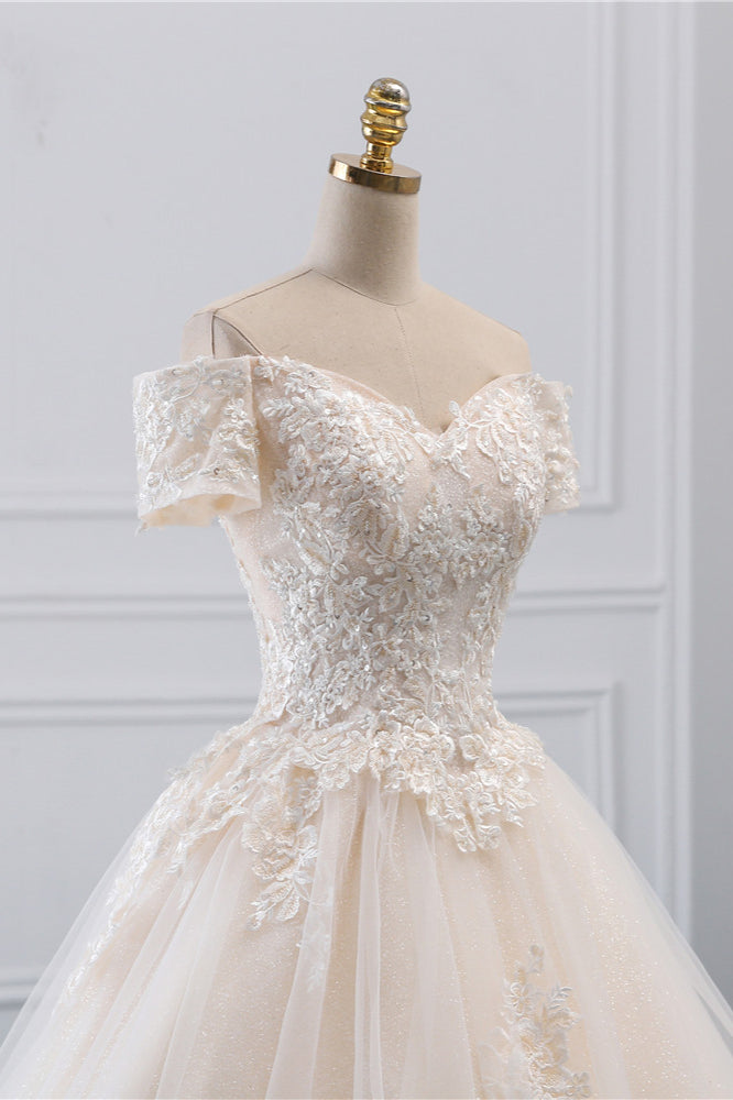 Affordable Off-the-Shoulder White Tulle Lace Wedding Dress Sweetheart Appliques Bridal Gowns On Sale