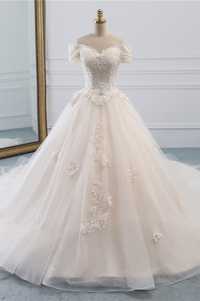 Affordable Off-the-Shoulder White Tulle Lace Wedding Dress Sweetheart Appliques Bridal Gowns On Sale