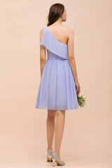 Affordable One Shoulder Ruffle Lavender Chiffon Short Bridesmaid Dress