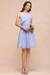 Affordable One Shoulder Ruffle Lavender Chiffon Short Bridesmaid Dress