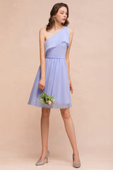 Affordable One Shoulder Ruffle Lavender Chiffon Short Bridesmaid Dress