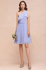 Affordable One Shoulder Ruffle Lavender Chiffon Short Bridesmaid Dress